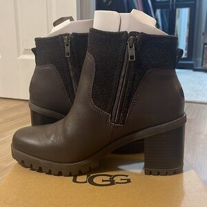 UGG Waterproof Chocolate Brown Lug Sole Zippered Booties, W Amathea, Size 8.5